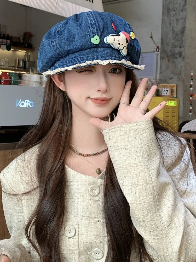 韩系可爱卡通小狗玩偶牛仔云朵帽女甜美百搭蕾丝边八角帽帽子可爱