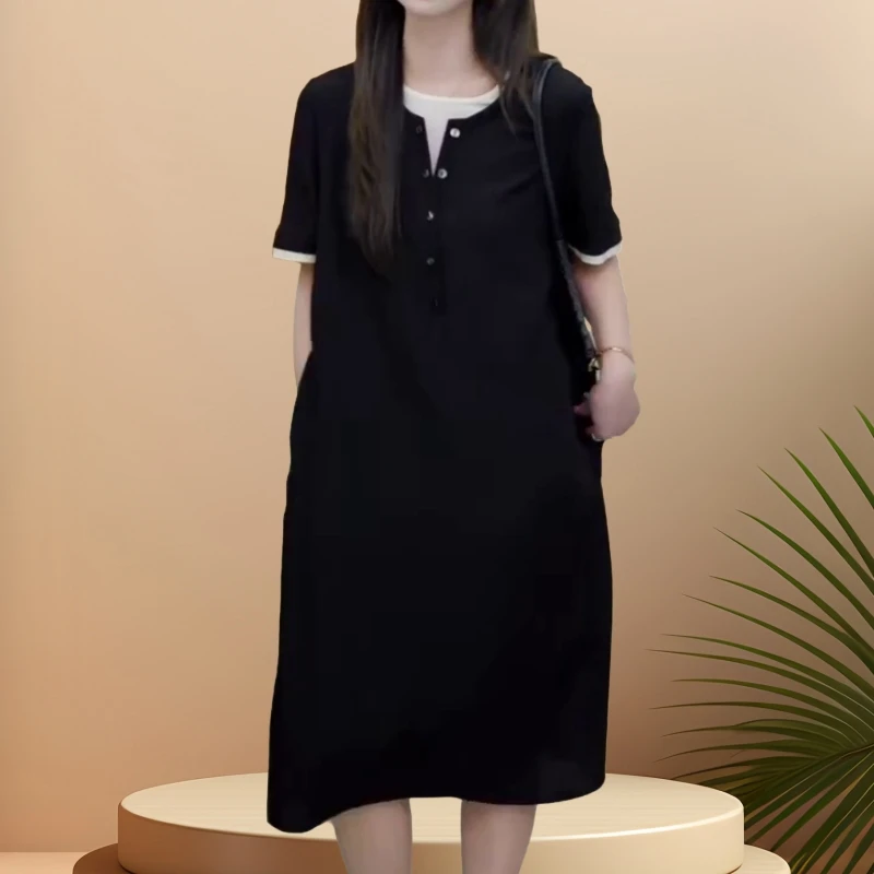 2025圆领假两件夏季新款连衣裙宽松显瘦通勤风设计感中长款休闲裙