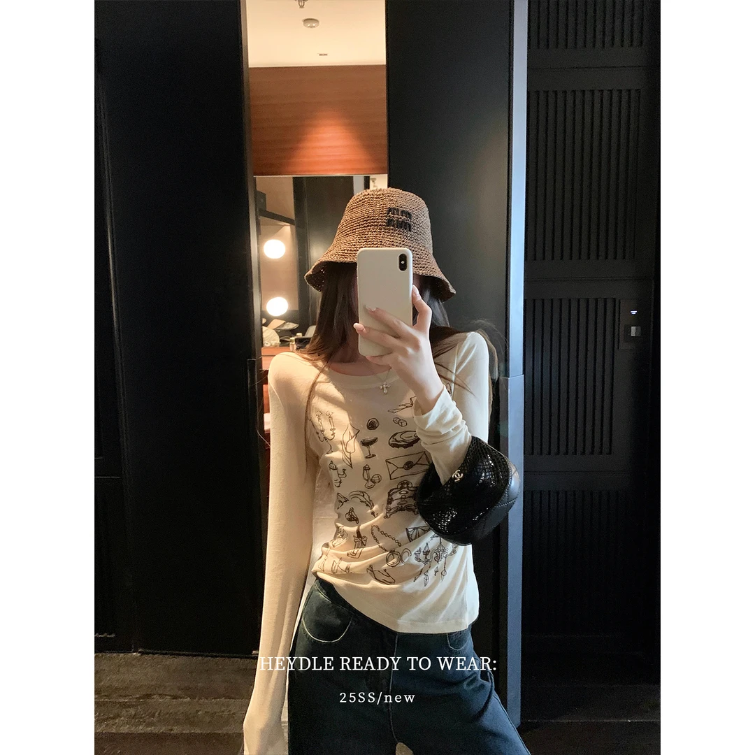 黑豆哼哼 插画艺术家*印花高捻棉薄款t恤女夏圆领正肩长袖上衣