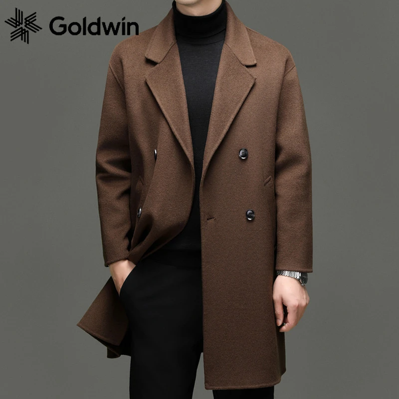 Goldwin/高得运折扣男士绵羊毛长款双排扣双面呢外套冬季毛呢大衣