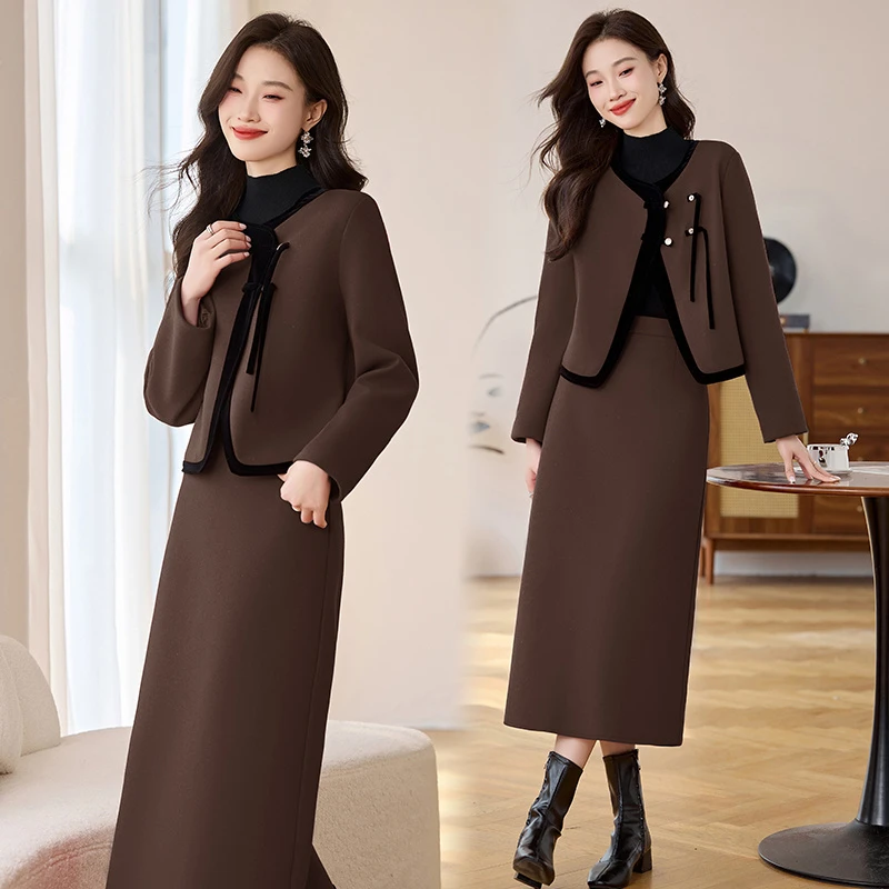 小香风夹棉毛呢外套半身裙两件套装女秋冬2025高级感风小洋装