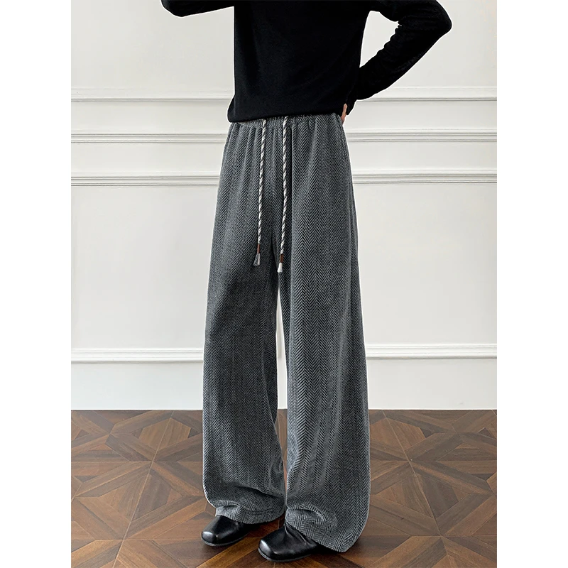深灰色提花麦穗纹裤子男痞帅高级感垂感运动裤美式宽松直筒阔腿裤