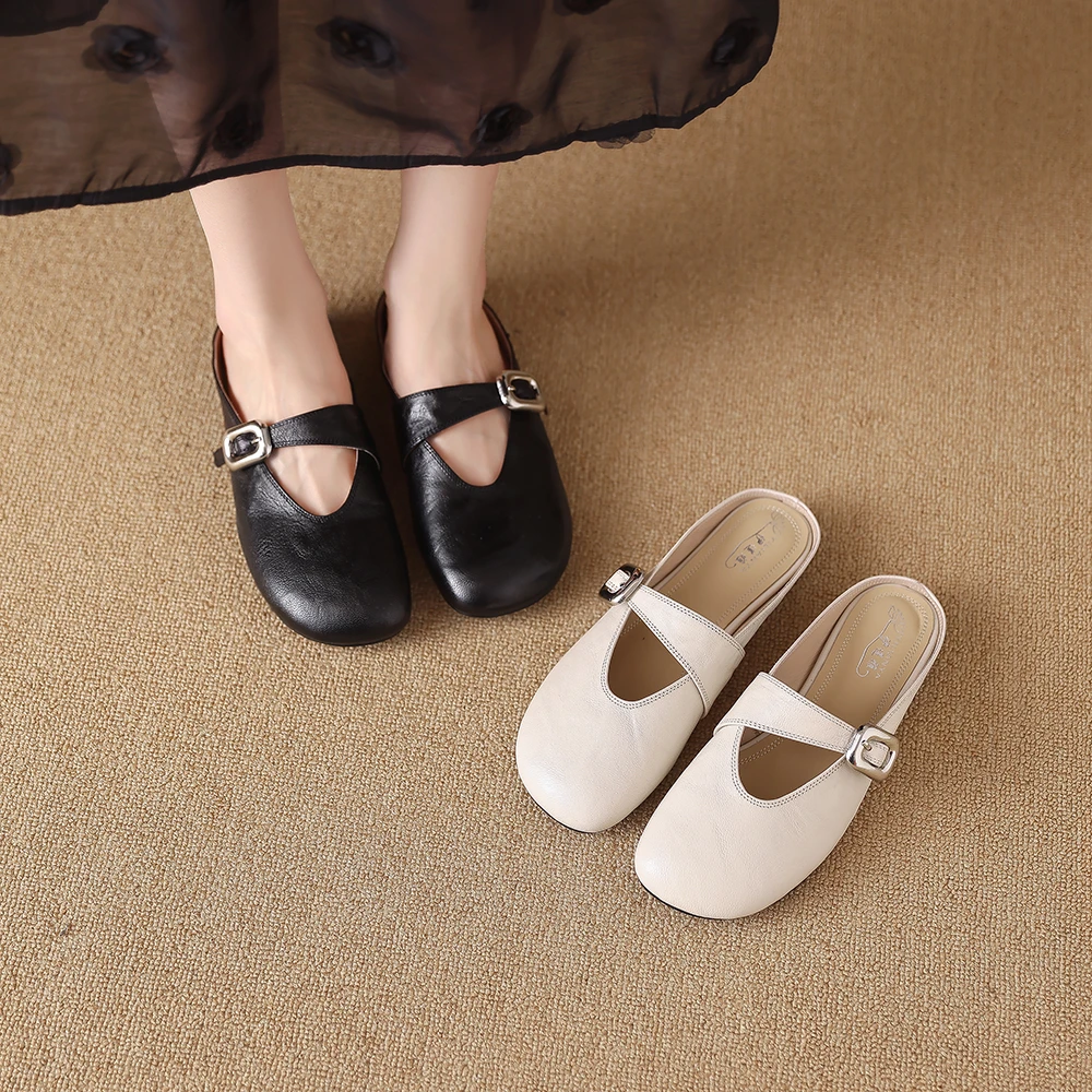 1956-1包头拖鞋女平底低跟圆头半拖真皮凉拖外穿时尚半拖