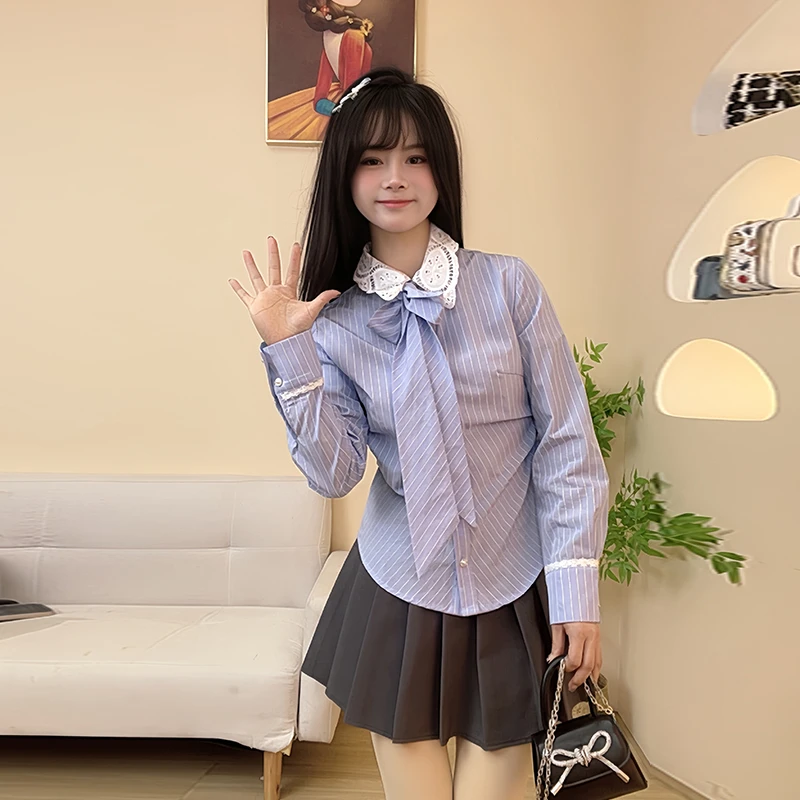 法式气质别致绝美设计感绑带蝴蝶结拼接纯欲性感蕾丝领衬衣女春秋