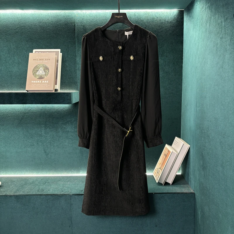 秋冬新款小香风高端大气拼接透明袖料A字连衣裙E03217