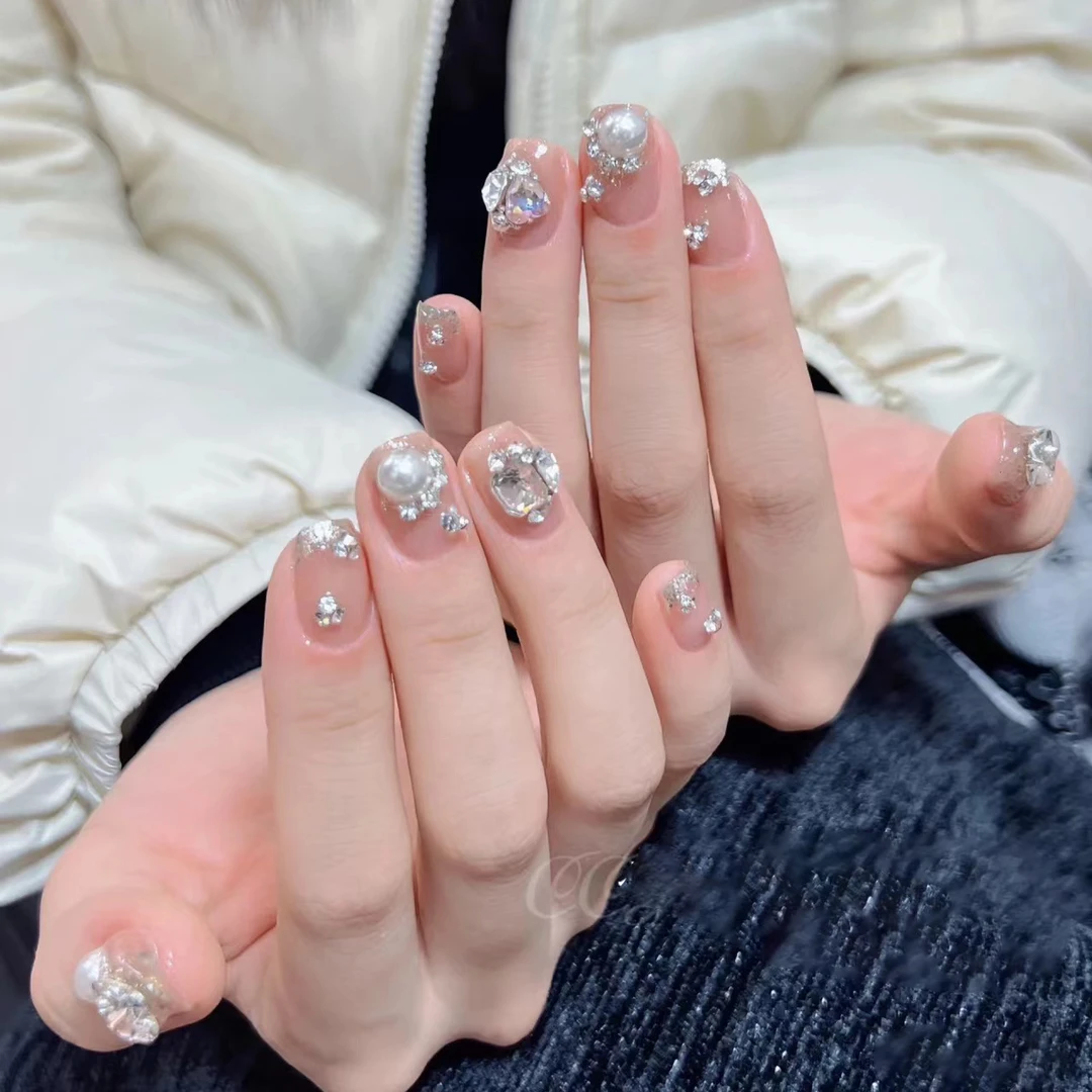 【小清新】纯手工穿戴甲高级感甜美珍珠美甲闪钻短款美甲穿戴甲片