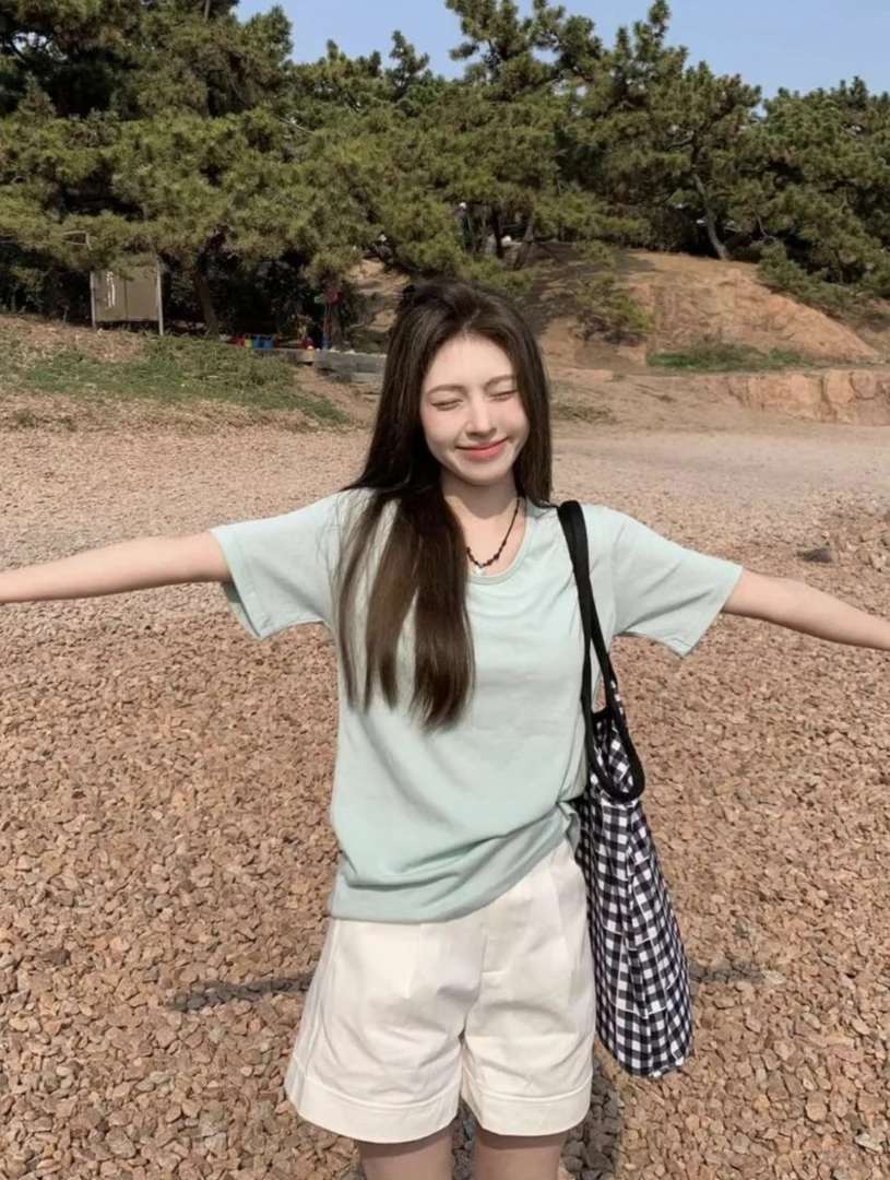 正肩V领露锁骨小清新纯色短袖T恤女夏季慵懒感百搭上衣