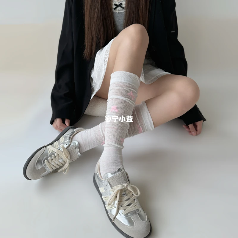 宁小益蝴蝶结小腿袜子女春秋薄款泡泡口中筒袜多巴胺甜美风堆堆袜