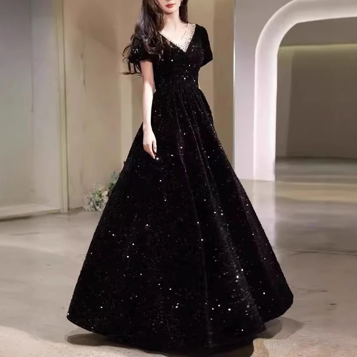 黑色V领晚礼服亮片设计感轻奢小众礼服长款宴会聚会派对礼服显瘦