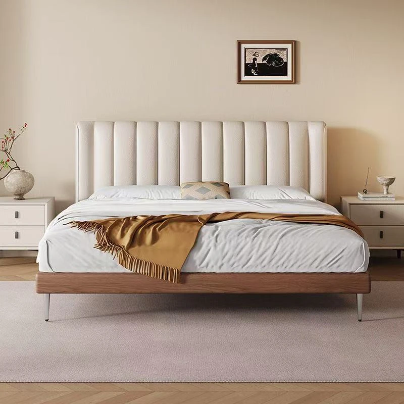 奶油轻奢钢琴键真皮皮艺床中古风原创设计师软靠床实木榫卯结构