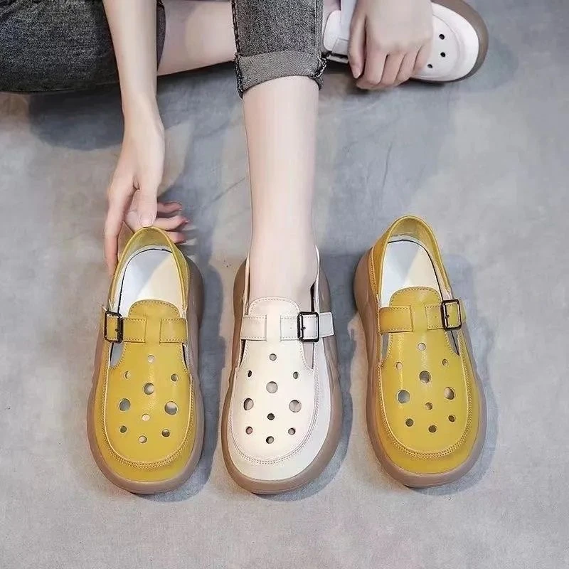 真皮女软底凉鞋洞洞鞋青年纯色圆头女鞋镂空厚底低帮乐福鞋