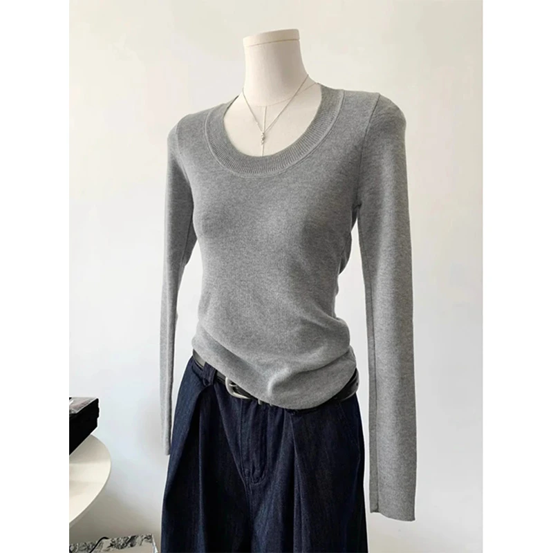 大码高级感U领修身显瘦内搭上衣女秋冬季韩系长袖毛衣针织打底衫