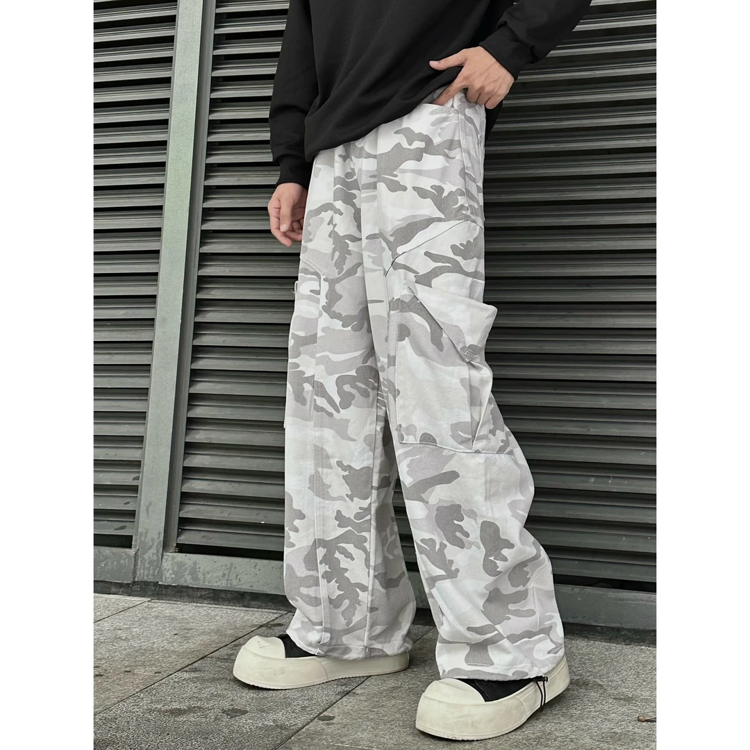 美式复古雪地迷彩工装裤休闲裤男女秋冬直筒阔腿宽松日系拖地裤