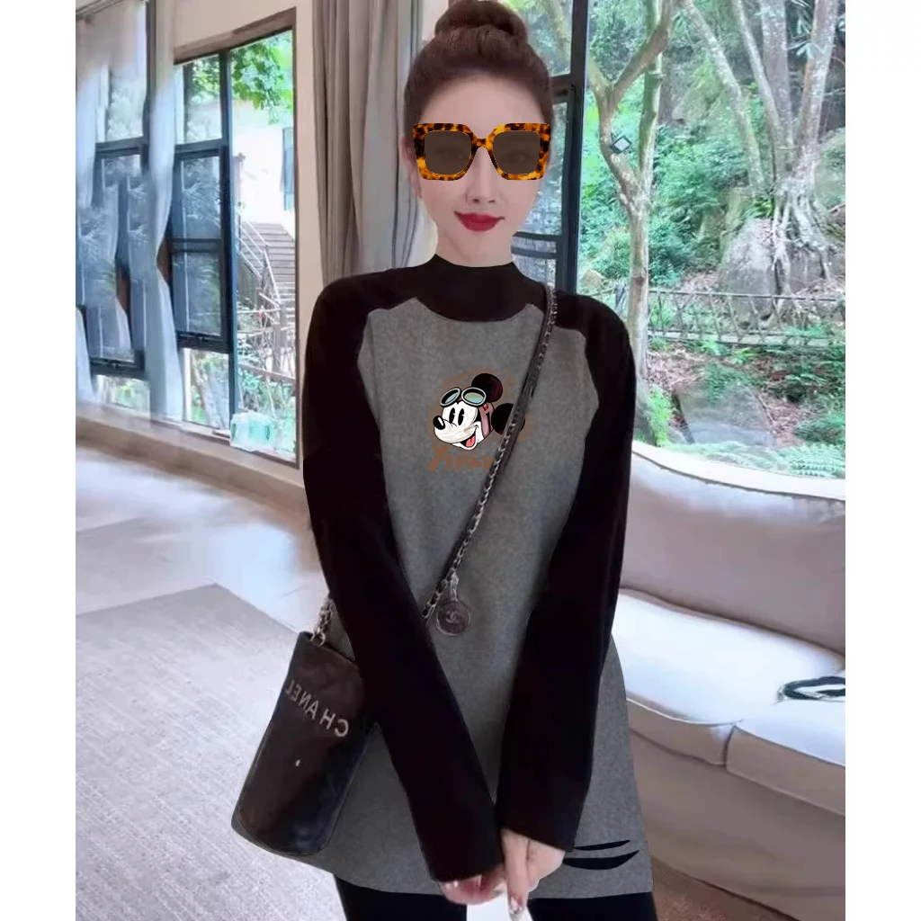 女秋冬加厚T恤搭鲨鱼裤半高领打底衫磨毛内搭中长款宽松上衣长袖