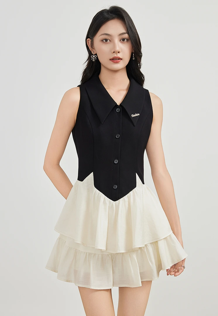 拼接套头高腰长裙无袖套裙连衣裙气质短款女装极简风RL25218H003