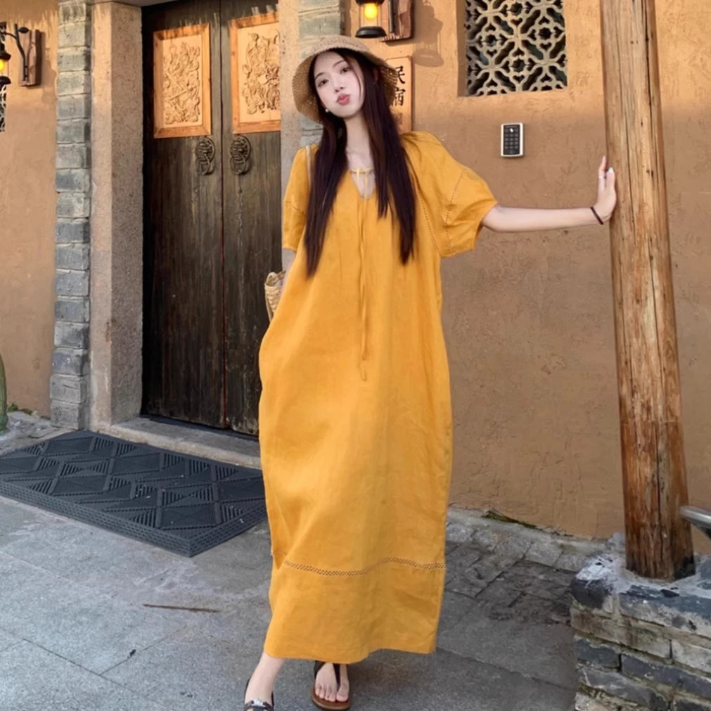 孕妇装夏装2025新款宽松v领灯笼袖孕妇连衣裙简约休闲长裙子夏季