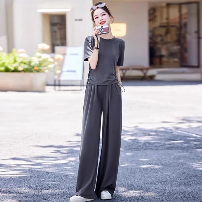 冰丝薄款休闲运动套装女夏2025新款遮肉显瘦T恤垂感阔腿裤两件套