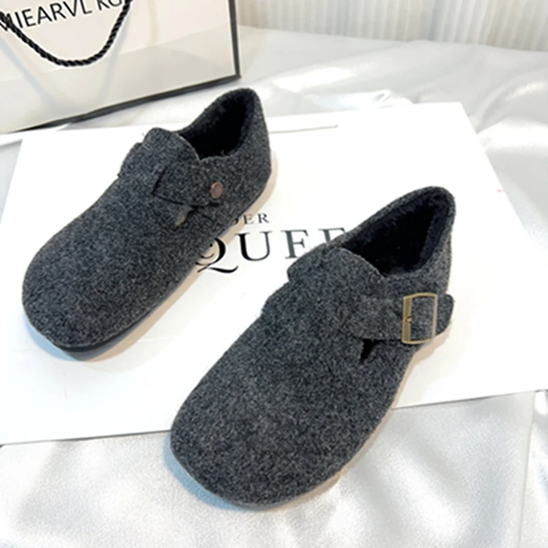 法式勃肯鞋女极简风潮流风复古港风棉鞋纯色单鞋休闲风秋冬毛毛鞋