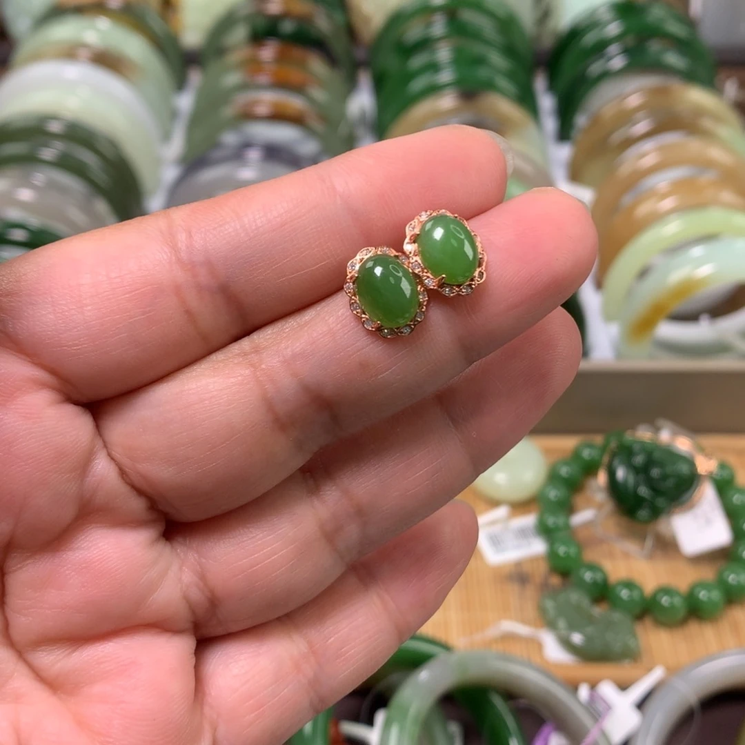 和田玉银S925镶嵌耳饰