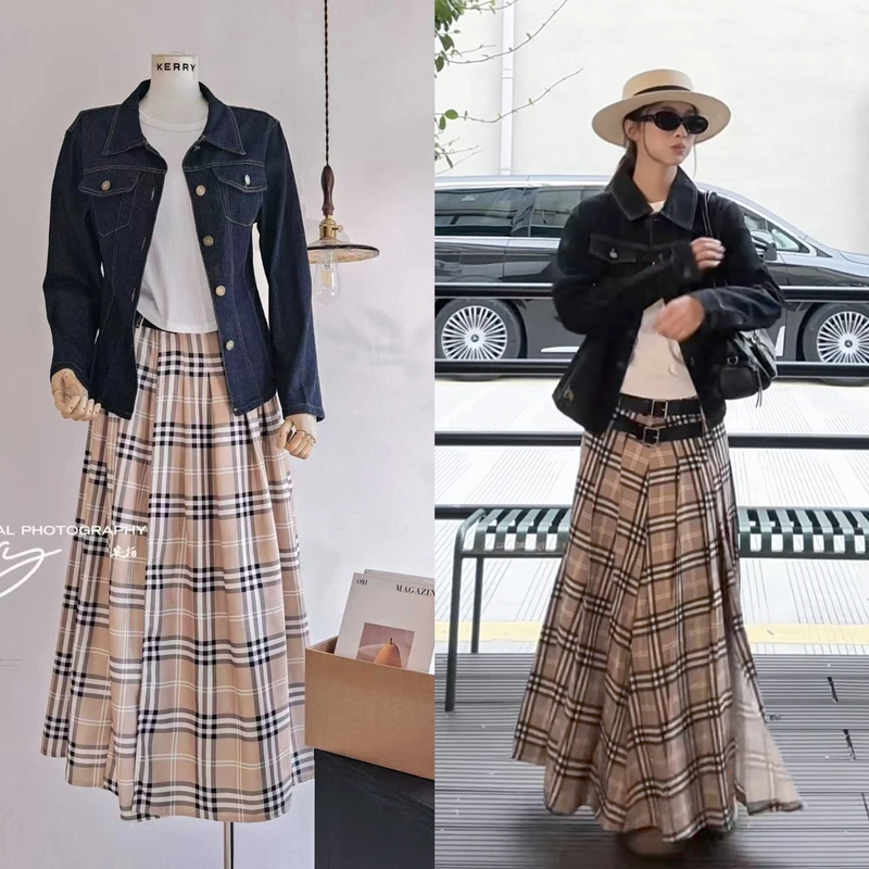 易梦玲同款 美式复古牛仔外套女宽松显瘦百搭夹克上衣半身裙套装
