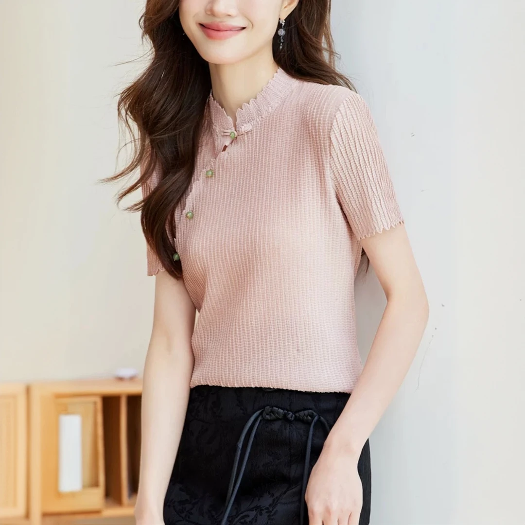 新中式国风褶皱立领恤上衣女新款夏季高级感简约短袖打底衫