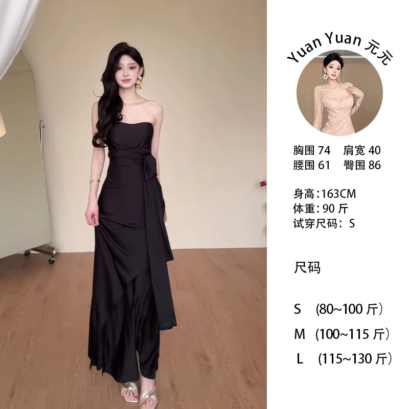 f8/C089 0723【元元】夏季V领高腰纯欲黑色开叉连衣裙名媛挂脖长裙