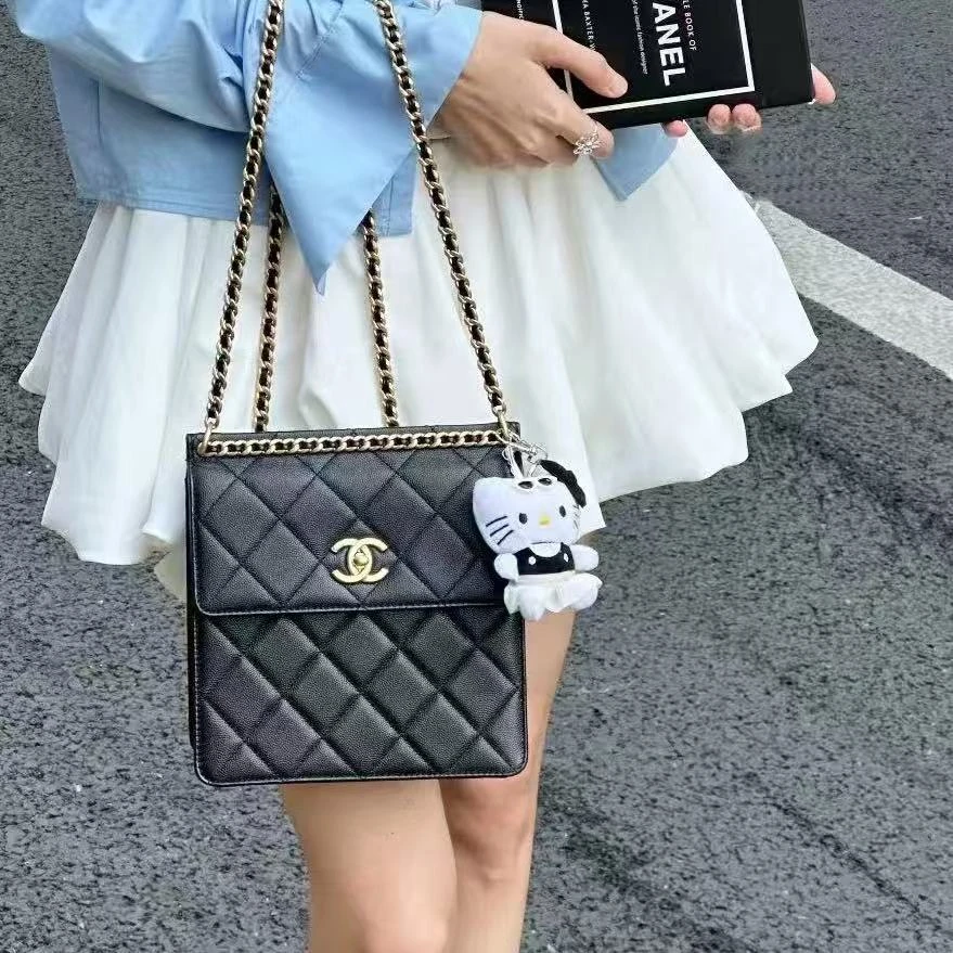 99新 Chanel/香奈儿 23A黑色金扣菱格纹荔枝皮链条双肩包