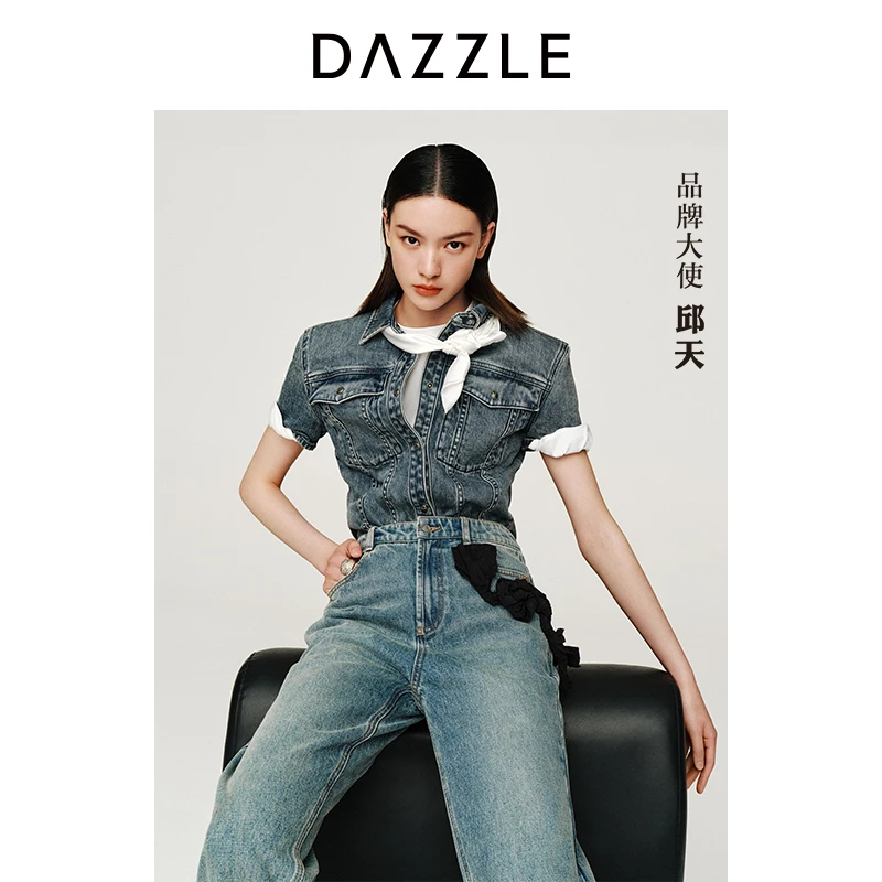 专选DAZZLE地素奥莱牛仔上衣新款翻领收腰短袖女2H3RA07