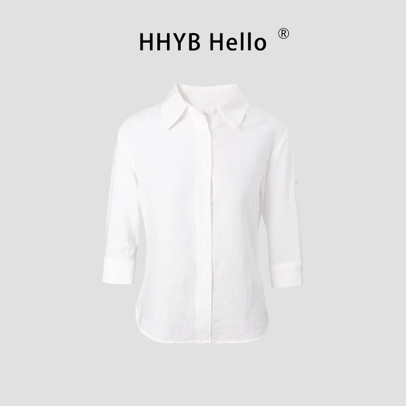 HHYB Hello2025夏季新款polo领中袖休闲百搭衬衫上衣女Q252036