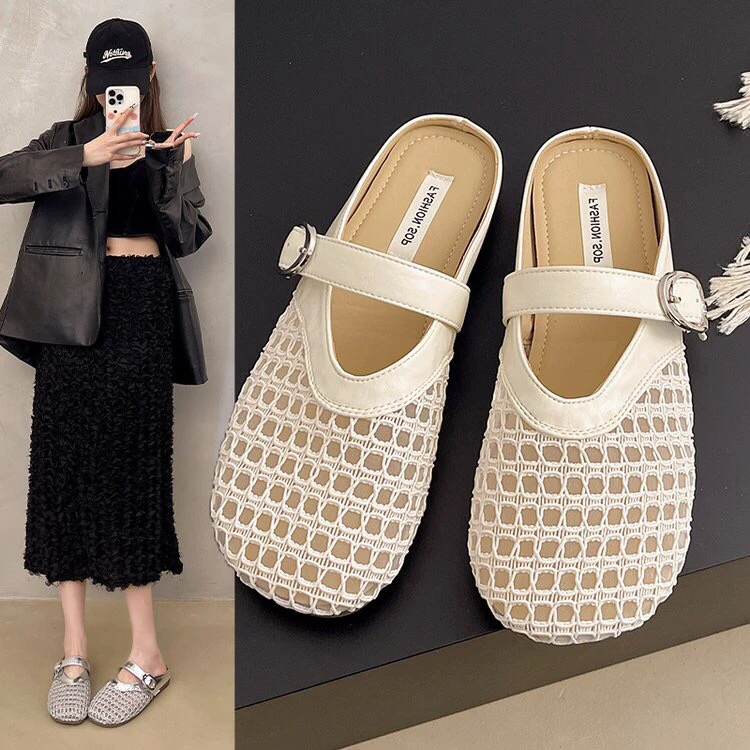 镂空包头半拖鞋女外穿新款夏季透气凉鞋绝美法式小凉拖鞋