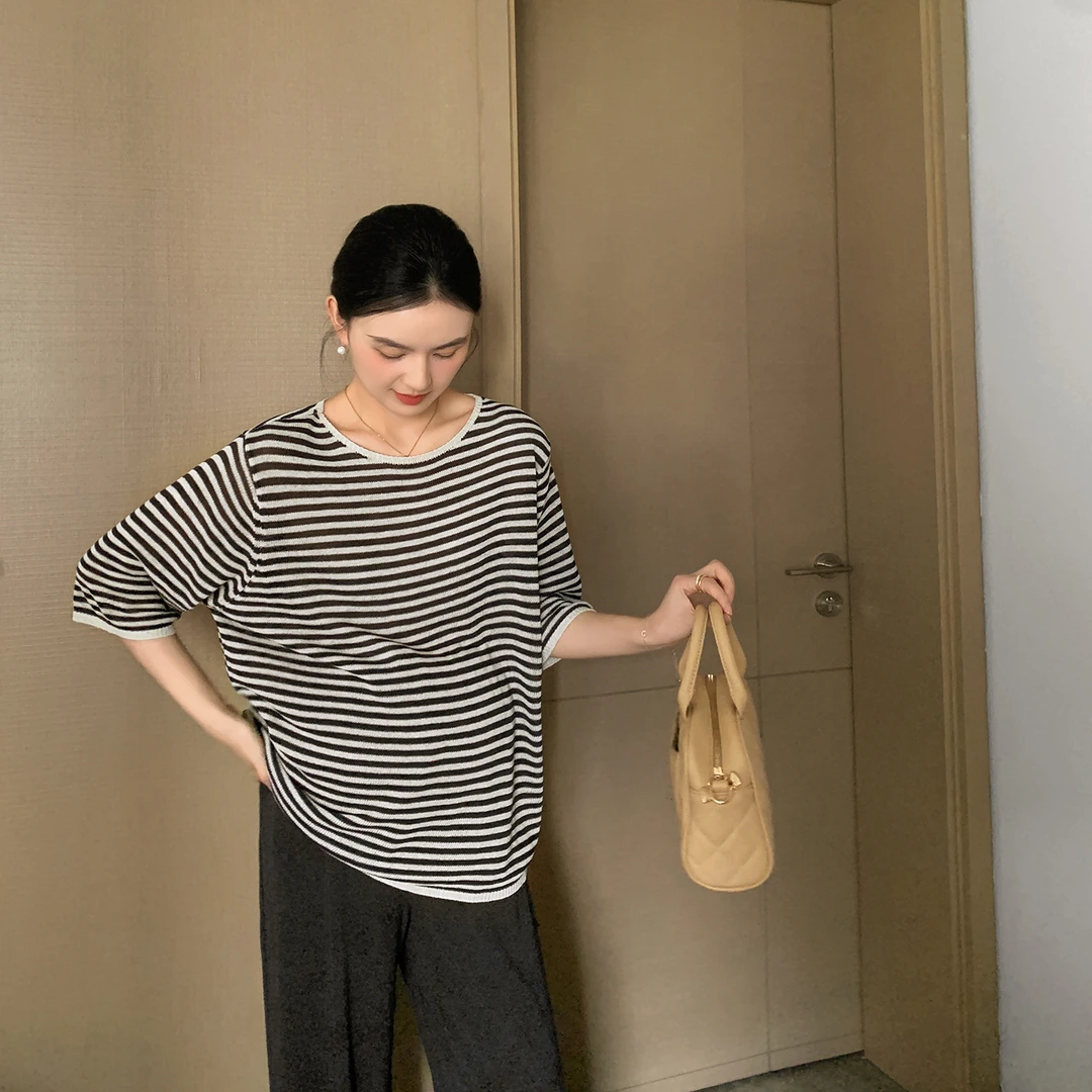 ZMA孕妇装【中袖冰丝条纹】春秋慵懒风外穿上衣休闲孕妇显瘦时尚