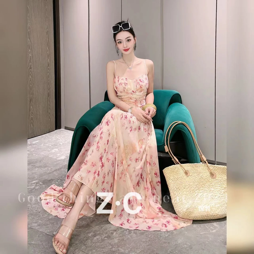 【人鱼诱惑】A-01681法式度假风a字遮肚气质收腰吊带连衣裙