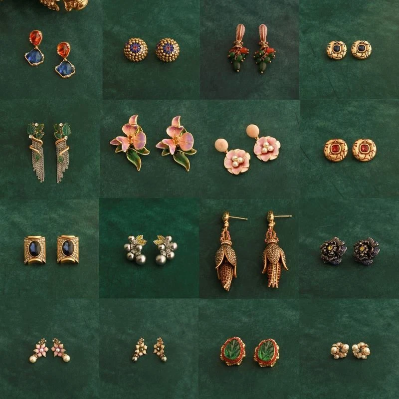 铜合金铜耳饰 真金电镀珐琅镶钻耳钉复古中古风小众轻奢设计感彩