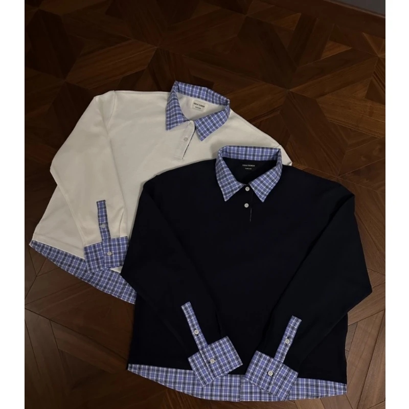 300斤加肥大码撞色拼接格子POLO衫初秋男女时尚痞帅假两件长袖T恤