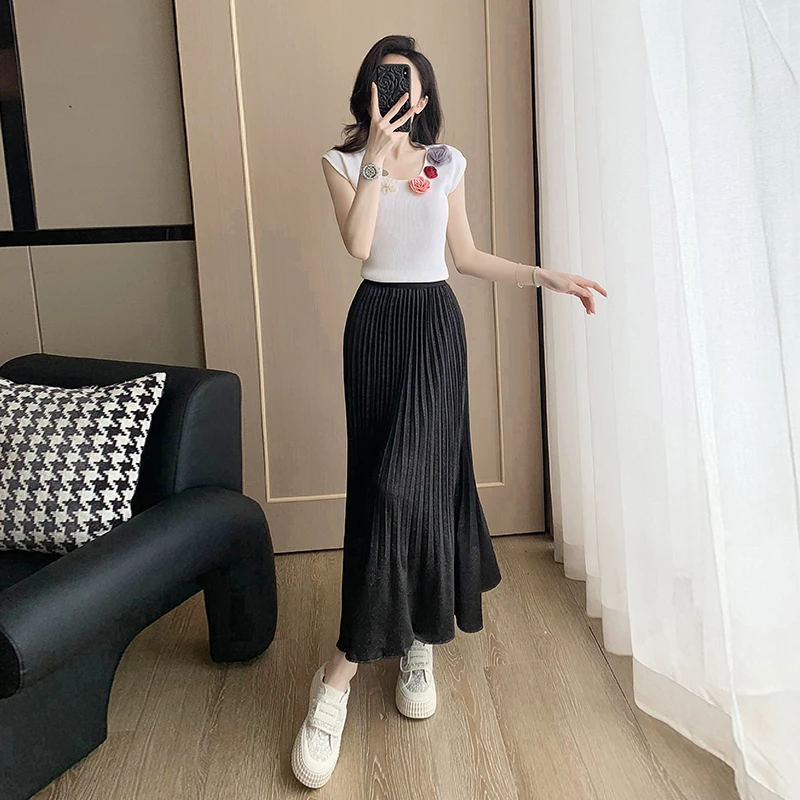 夏季新款法式时尚针织短袖女士高腰中长款半身裙显瘦减龄套装