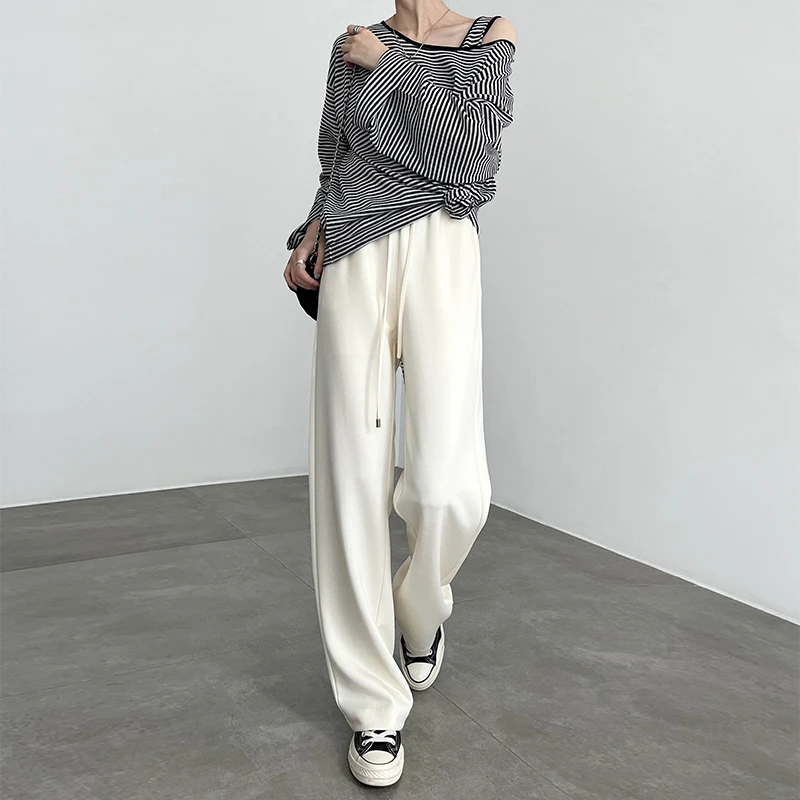 白色窄版阔腿裤女春秋2025新款高腰垂感抽绳天丝棉宽松休闲直筒裤