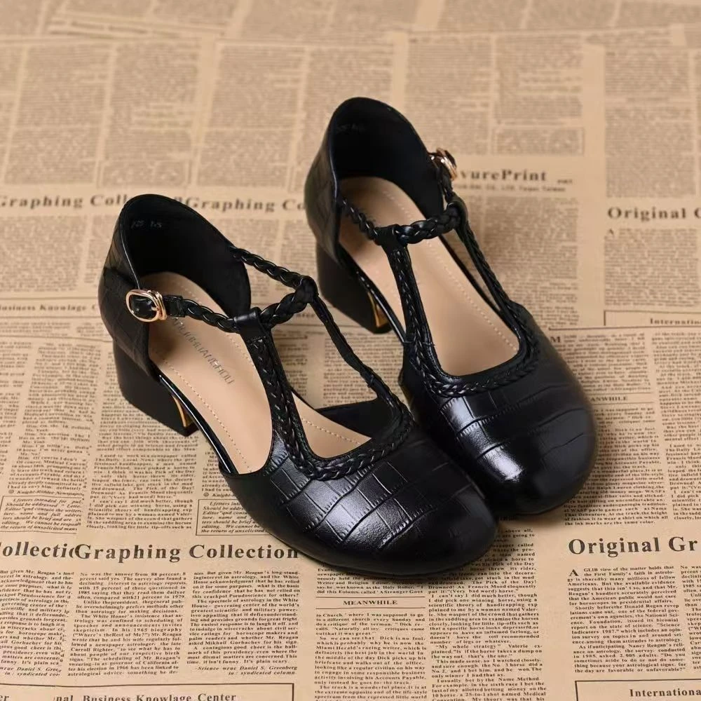 X中空透气圆包头编织石头纹粗跟单鞋女气质百搭简约通勤凉鞋女