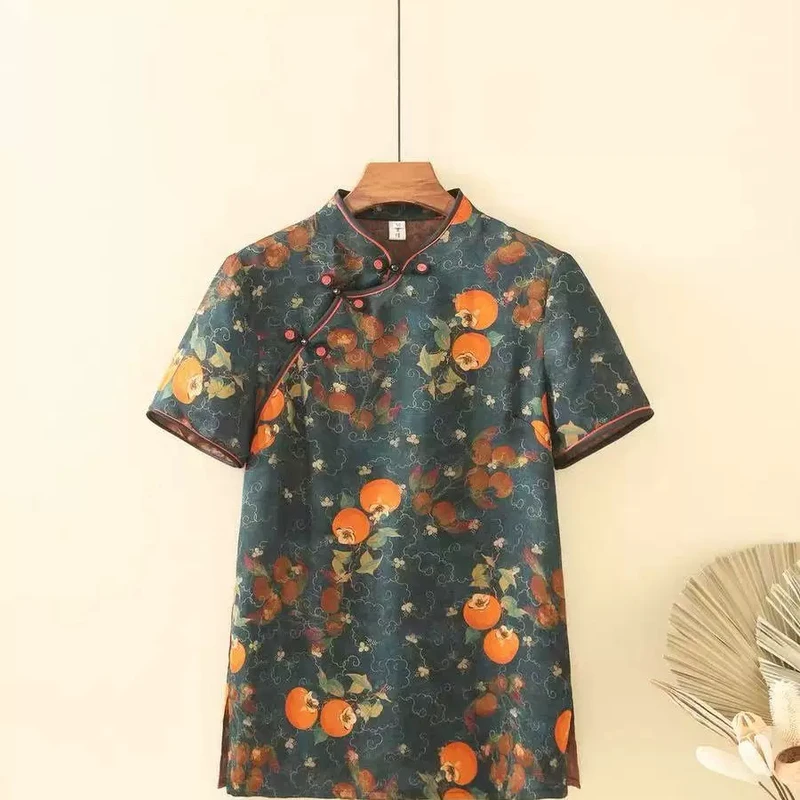 夏季新款新中式国风复古减龄显瘦柿柿如意奥黛二大衫上衣