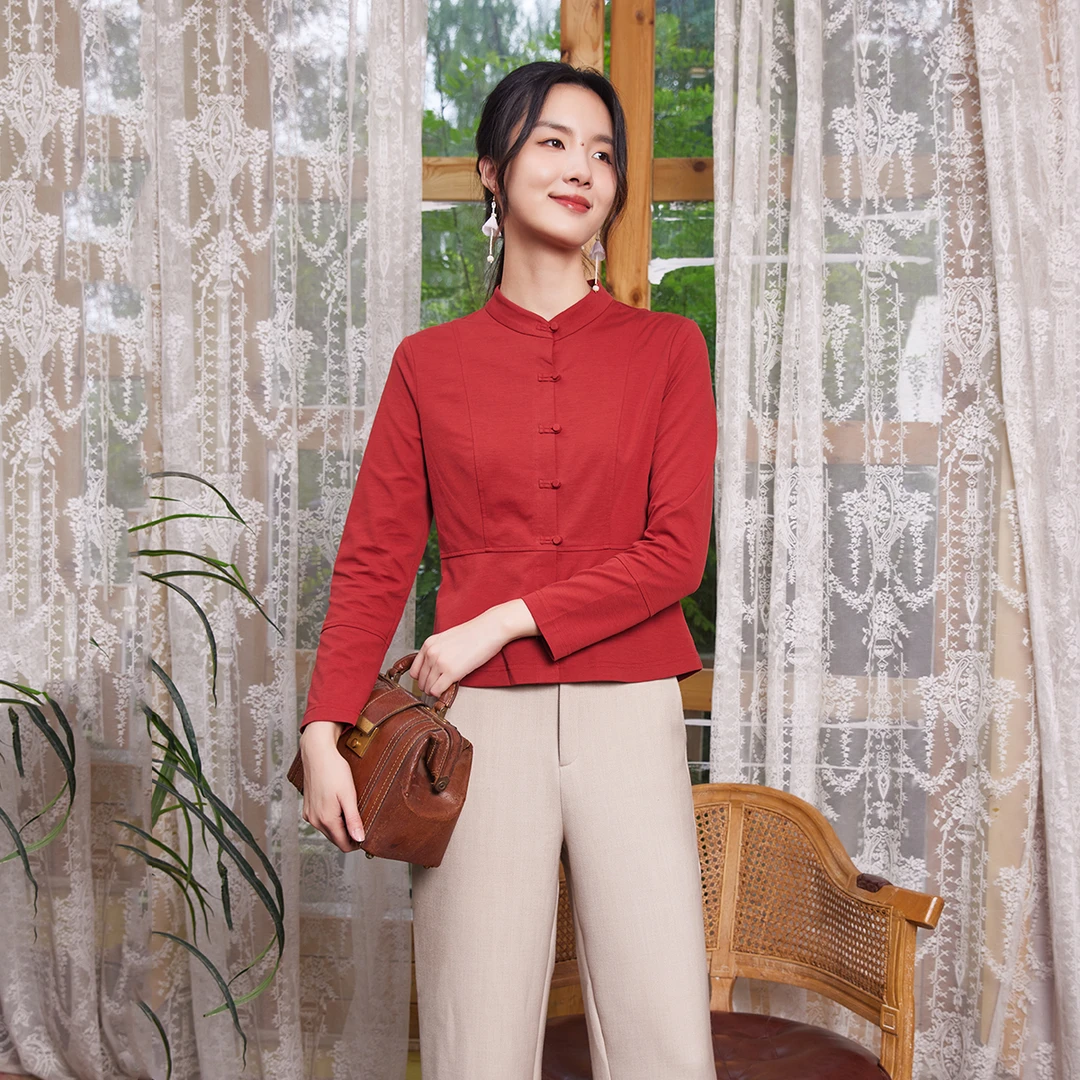 LQCXD28布符春秋新款原创中式复古风小立领上衣印花手工盘扣国风