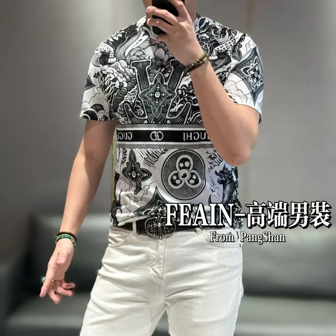 【雷迪·凯奇】高端男士双丝光立体印花奥钻点缀海浪图案短袖T恤5095