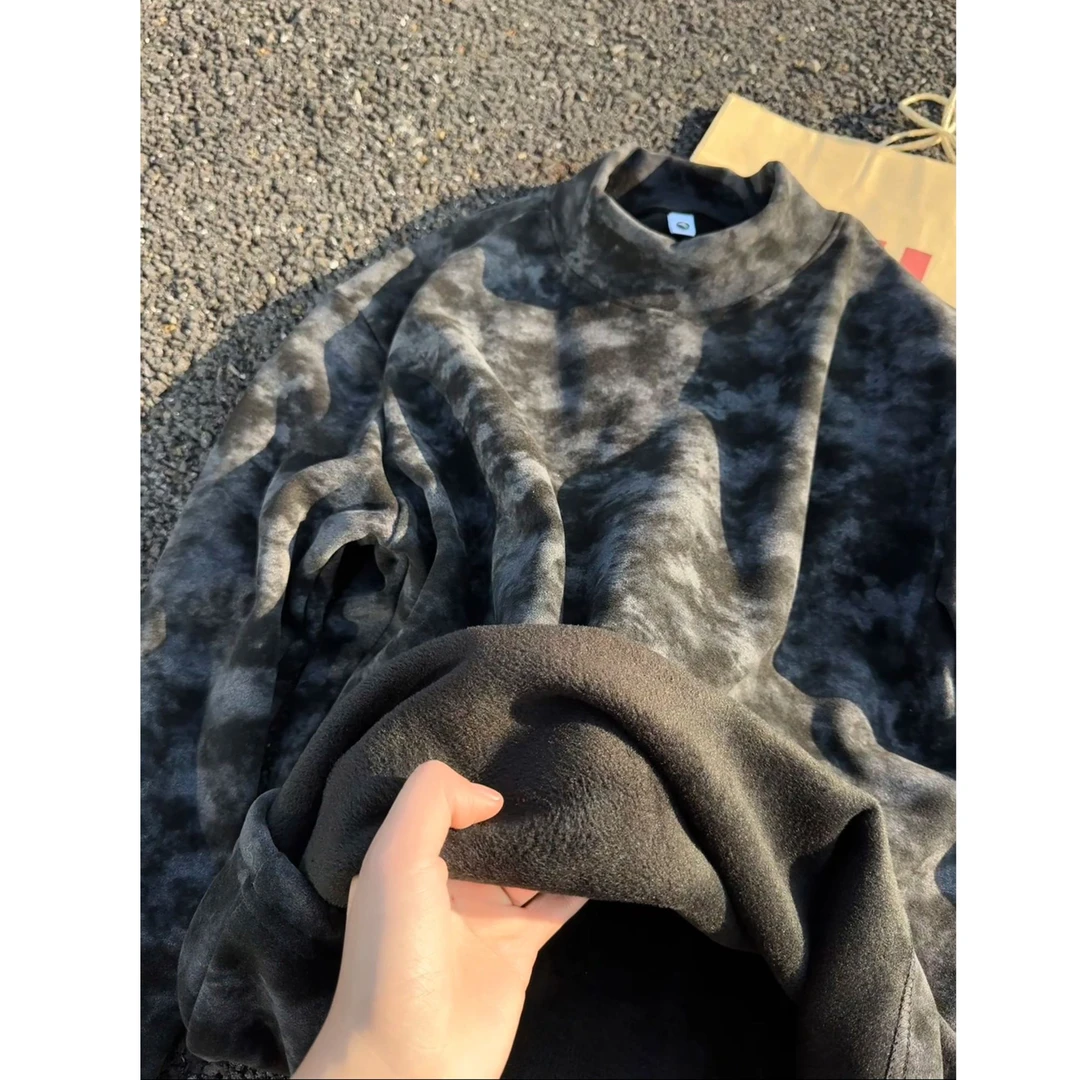 毛茸茸德绒扎染秋冬季加绒加厚长袖半高领打底衫内搭男士男款T恤