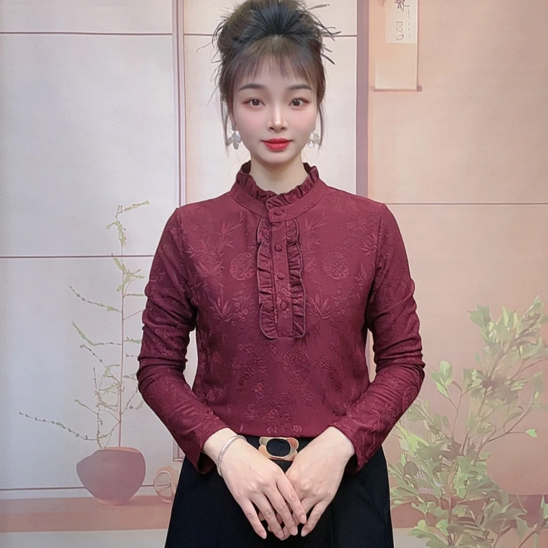 2025衬衫女长袖木耳边打底洋气秋冬新款保暖遮肉显瘦时尚小衫上衣