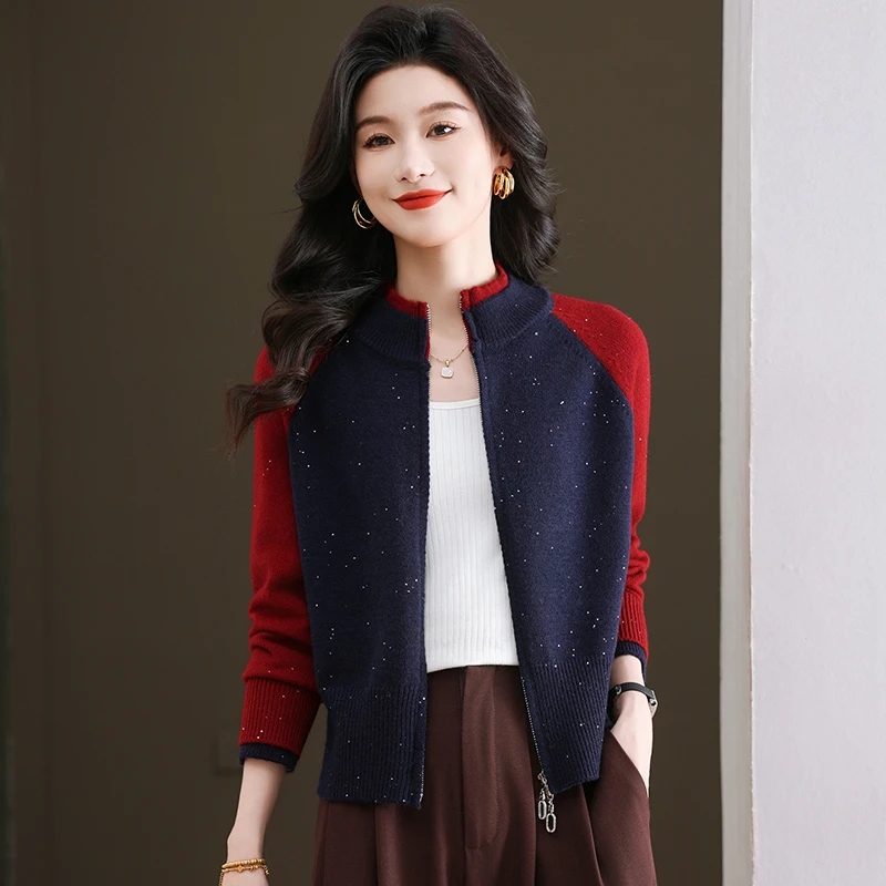 秋冬短款时尚毛衣针织衫女洋气拼接外穿上衣厚款女装百搭中年打底