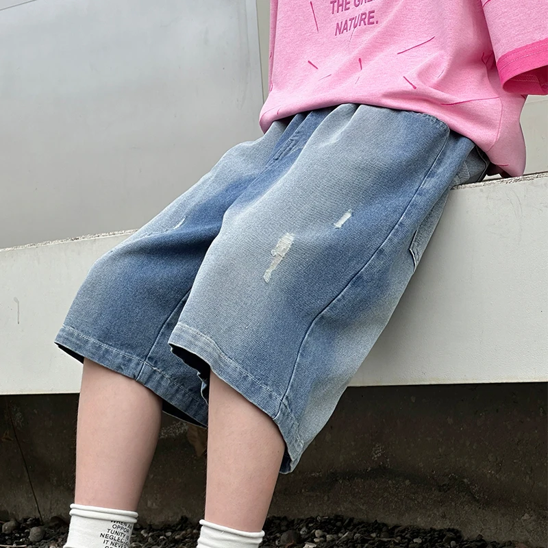 男童牛仔短裤夏装洋气宽松破洞痞帅中大童五分裤浅色夏季薄款中裤