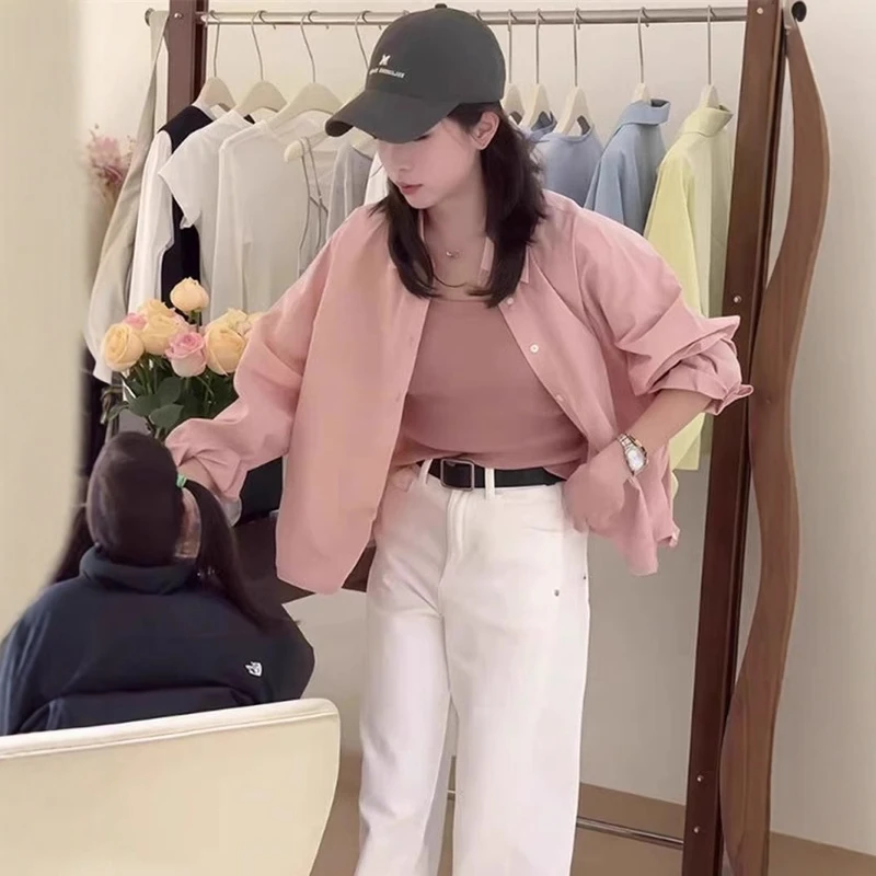 法式独特超好看粉色长袖衬衫新款女春季宽松百搭防晒衬衣外套2025