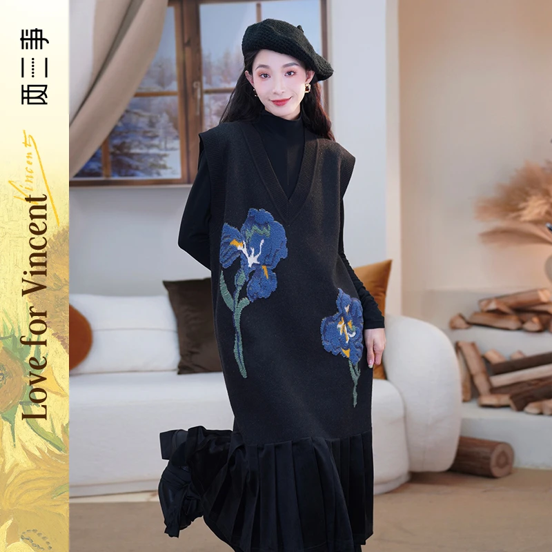 两三事梵高文艺鸢尾遐想花卉图案压褶拼接背心裙连衣裙S23DLY030