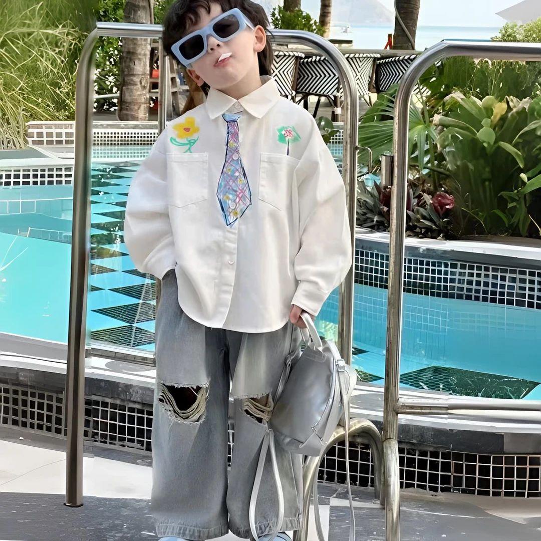 男童新款套装2025春季儿童韩版个性彩色印花长袖衬衫破洞牛仔裤潮