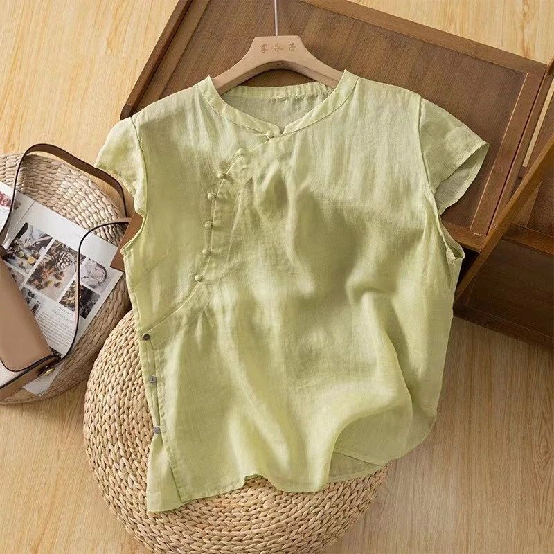 新款短袖薄款上衣女文艺复古棉麻小衫漂亮衬衫宽松夏季中式休闲