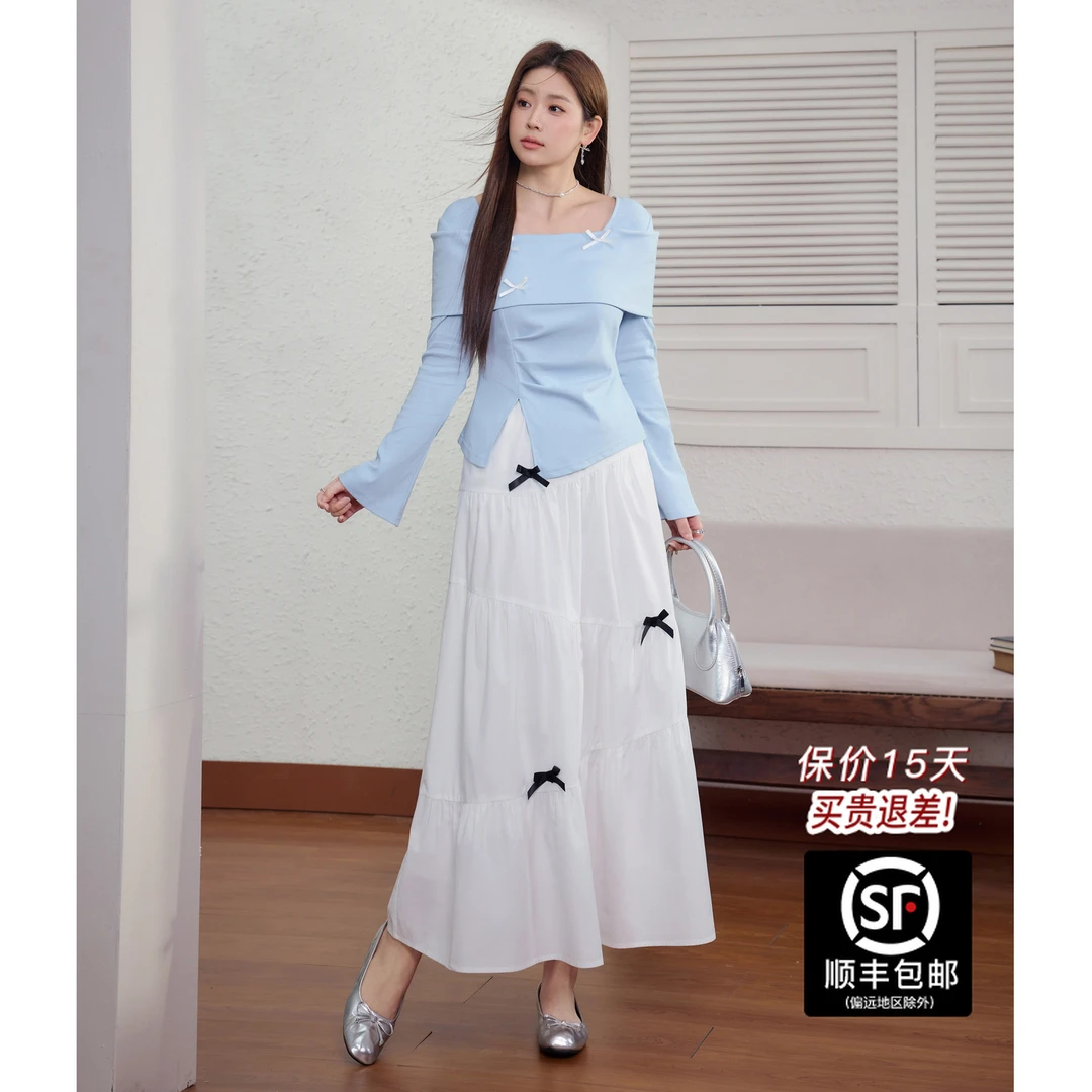 蓝语大码女装甜美减龄一字领上衣白色半身裙秋冬穿搭整套02111