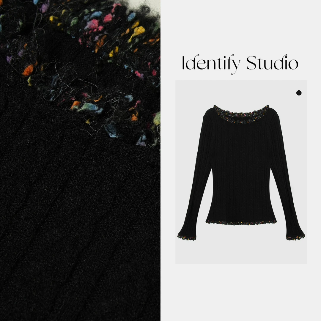 IDENTIFY秋季新款时尚彩色豆豆纱毛须边打底衫25AWss1011013